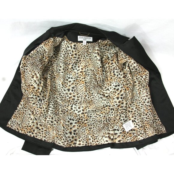 Sharagano Black Satin Notched Collar Blazer Jacket Leopard Print Lining 4 - Picture 8 of 9